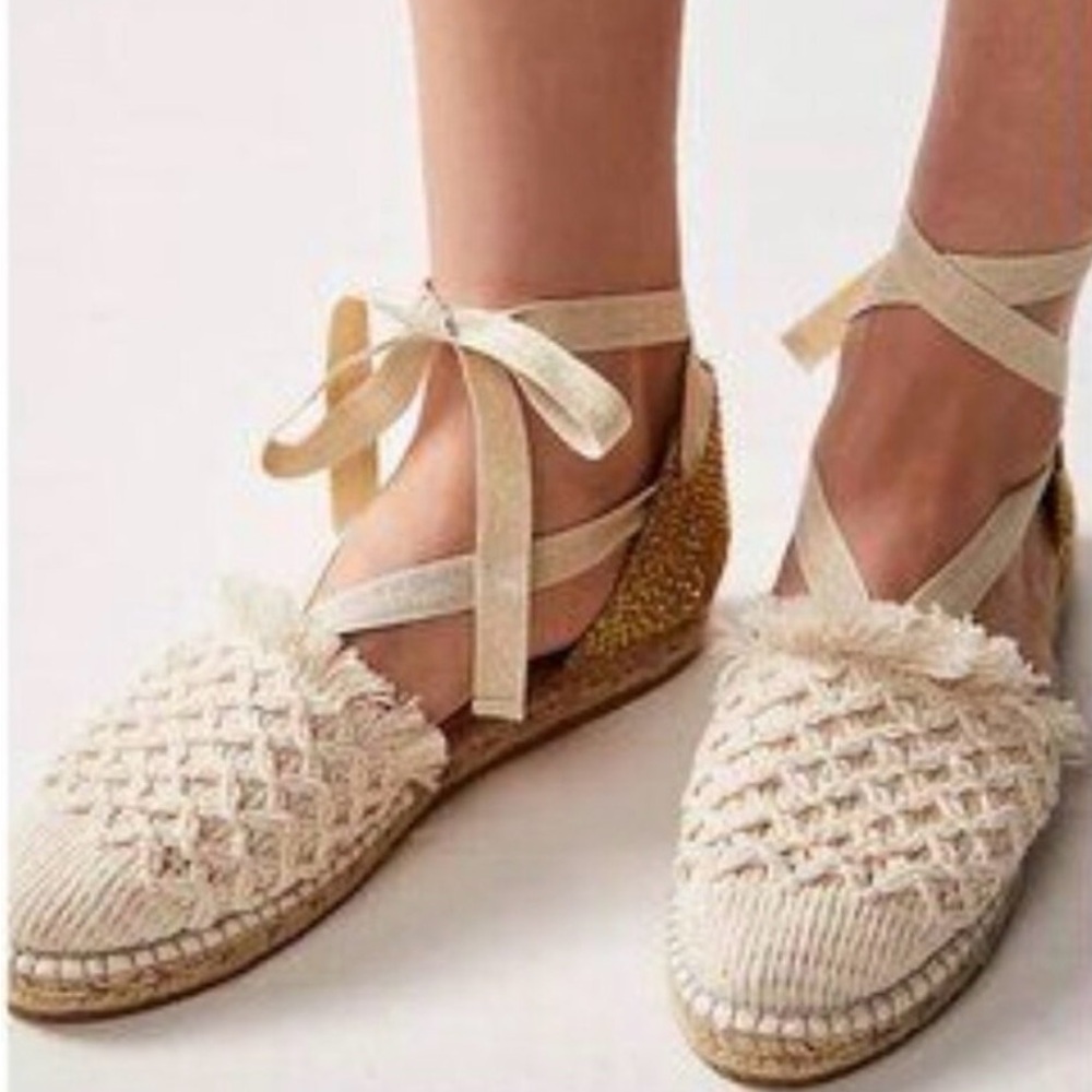 Free People Cream Woven Espadrille Wedge Ankle Tie Shoes